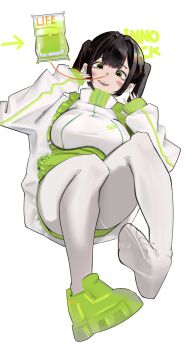 feet highres innosick intravenous_drip jacket jersey jersey_maid legs maid medicine original pantyhose shoes sneakers soles track_jacket track_suit twintails unconventional_maid white_pantyhose