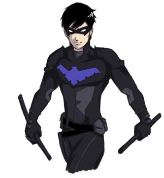 1boy batman_(series) belt dc_comics dick_grayson domino_mask dual_wielding escrima_stick eye_mask holding male_focus mask nightwing solo weapon young_justice:_invasion