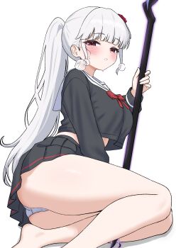 1girl absurdres bare_legs barefoot black_serafuku black_shirt black_skirt blush bow bowtie breasts commission crop_top crop_top_overhang heavy_breathing highres holding holding_staff large_breasts long_hair long_sleeves looking_at_viewer maplestory midriff miniskirt oldsickkim open_mouth panties player_character_(maplestory) pleated_skirt ponytail red_eyes sailor_collar school_uniform serafuku shirt simple_background sitting skirt solo staff thighs underwear white_background white_hair white_panties white_sailor_collar yokozuwari