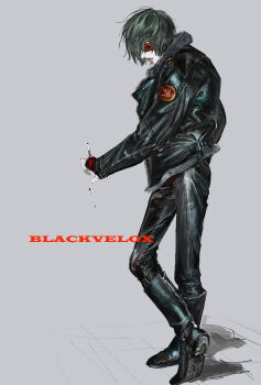 Rule 34 | 1boy, absurdres, artist name, black hair, black jacket, black pants, black shoes, blackvelox, cigarette, death note, full body, goggles, grey background, hair over one eye, highres, holding, holding cigarette, jacket, leather, leather jacket, male focus, matt (death note), pants, red-tinted eyewear, shoes, short hair, solo, standing, tinted eyewear