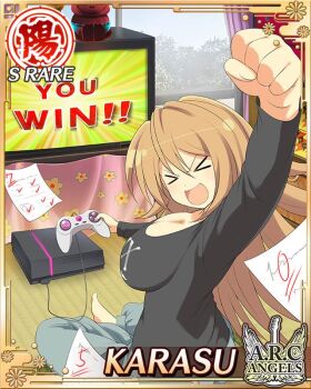 &gt;_&lt; 1girl :d black_shirt border breasts brown_hair card_(medium) character_name cleavage clenched_hand controller english_text fist_pump game_cg game_console game_controller green_eyes holding holding_controller holding_game_controller karasu_(senran_kagura) large_breasts long_hair long_sleeves looking_at_viewer looking_back monitor official_art open_mouth pants playing_games senran_kagura senran_kagura_new_wave shirt smile solo test_score video_game