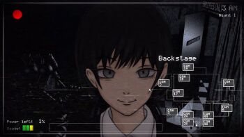 1girl black_hair chainsaw_man closed_mouth collared_shirt commentary cursor english_commentary five_nights_at_freddy's grey_eyes looking_at_viewer mitaka_asa mothdropcrowla recording shirt smile solo user_interface white_shirt