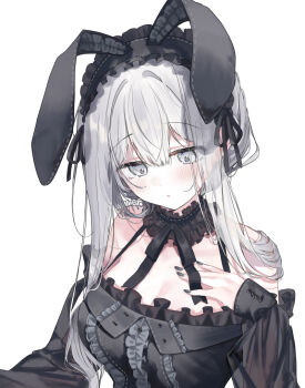 1girl animal_ear_hairband animal_ears bare_shoulders black_bow black_dress black_nails black_ribbon bow breasts dress fake_animal_ears frilled_dress frilled_hairband frills fuyukawa_kagari grey_eyes grey_hair hairband hakanai_kimi_wa_moukou_wo_hajimeru hand_on_own_chest holding kazutake_hazano large_breasts lolita_fashion long_sleeves looking_at_another looking_down portrait rabbit_ear_hairband rabbit_ears ribbon sidelocks simple_background sitting solo upper_body white_background