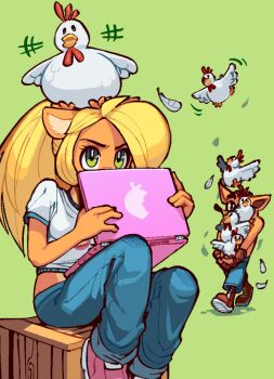 1boy 1girl animal animal_ears animal_on_head apple_inc. bird bird_on_head blonde_hair body_fur box brand_name_imitation brother_and_sister chicken coco_bandicoot computer covered_mouth crash_bandicoot crash_bandicoot_(series) crop_top denim friendly_mutton_chops furry green_background green_eyes jeans laptop long_hair macbook on_box on_head pants pink_shoes ponytail shirt shoes siblings sitting sneakers t-shirt too_many too_many_birds topless_male wamudraws