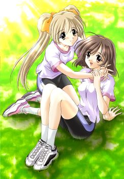 absurdres blonde_hair brown_hair gym_uniform hairband highres ibuki_minamo imasaka_yue looking_at_viewer memories_off memories_off_1 non-web_source official_art on_grass on_ground open_mouth short_hair sunlight twintails yellow_hairband