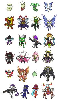 Rule 34 | absurdres, archnemon, arthropod girl, banchostingmon, bandages, bandana, beelzebumon, blackwargreymon, digimon, digimon (creature), dracumon, garudamon, hawkmon, highres, horns, hudiemon, insect girl, leafmon, lilamon, lilithmon, long hair, mask, minomon, monster boy, monster girl, morphomon, mummy, mummy boy, mummymon, oleamon, orgemon, piemon, pipimon, pyllymursu, rosemon, rosemon burst mode, shadramon, spider girl, stingmon, transparent background, wormmon