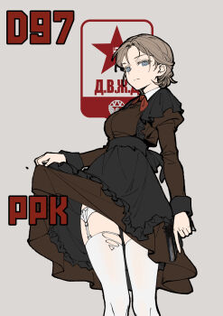 1girl absurdres apron black_apron blonde_hair blue_eyes commentary english_commentary erika_(sebastian_z) garter_straps gun handgun highres necktie original red_necktie red_star school_uniform sebastian_z short_hair soviet soviet_school_uniform star_(symbol) thighhighs walther walther_ppk weapon white_thighhighs