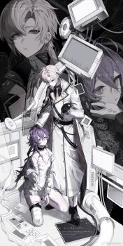 Rule 34 | 1boy, 1girl, ahoge, aiguillette, alkaid mcgrath, alkaid mcgrath (infinite empire), amputee, bandaged arm, bandaged leg, bandages, barefoot, bead necklace, beads, belt, belt collar, black background, black belt, black cape, black collar, black gloves, black jacket, black shirt, black shoes, blonde hair, breasts, broken screen, buttons, cable, cape, closed mouth, coat, collar, collared shirt, commentary, commission, curtained hair, double-breasted, double amputee, dress, dress under shirt, earrings, expressionless, full body, gloves, green eyes, hair between eyes, hair intakes, hand on another's cheek, hand on another's face, hand on another's head, hat, highres, holding, holding leash, holographic monitor, hospital gown, industrial pipe, jacket, jellyfish cut, jewelry, kneeling, lapels, leash, long hair, long sleeves, looking at another, looking down, looking up, lovebrush chronicles, medium breasts, medium hair, military hat, military uniform, monitor, muted color, necklace, necktie, notched lapels, oc x canon, open clothes, open shirt, original, pants, paper, parted lips, pinstripe pattern, pinstripe shirt, projected inset, purple hair, sam browne belt, science fiction, screen, shirt, shoes, short dress, side cape, sideways glance, single earring, single off shoulder, sleeveless, sleeveless dress, spaghetti strap, standing, surgical light, thigh belt, thigh strap, tile floor, tiles, tube, two-sided cape, two-sided fabric, upturned eyes, watermark, weibo watermark, white coat, white dress, white gloves, white pants, white shirt, yellow eyes, yellow necktie, yukii masako