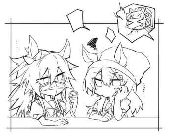 Rule 34 | > <, 3girls, :d, animal ears, beanie, beer hsk, blush stickers, bow, chibi, chibi inset, closed eyes, commentary request, crown, ear covers, ears through headwear, fang, gold ship (umamusume), greyscale, hair between eyes, hat, horse ears, long hair, mask, mini crown, monochrome, mouth mask, multiple girls, nakayama festa (umamusume), open mouth, orfevre (old design) (umamusume), puffy short sleeves, puffy sleeves, school uniform, shirt, short sleeves, smile, squiggle, tracen school uniform, translation request, umamusume, upper body, white background, xd