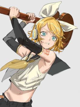 1girl aqua_eyes arm_tattoo arm_warmers armpits arms_up bare_shoulders black_sailor_collar black_shorts black_sleeves blonde_hair blue_eyes bow clenched_teeth crop_top detached_sleeves grey_arm_warmers grey_background hair_bow hair_ornament hairclip headphones holding instrument kagamine_rin looking_at_viewer midriff navel neckerchief number_tattoo rminari74 sailor_collar shirt short_hair shorts shoulder_tattoo simple_background skinny sleeveless sleeveless_shirt solo swept_bangs tattoo teeth treble_clef vocaloid white_bow white_shirt yellow_neckerchief