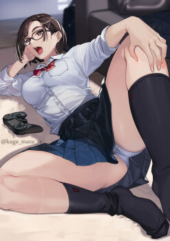 1girl absurdres black-framed_eyewear black_socks blue_skirt bow bowtie breasts brown_eyes brown_hair controller from_side game_controller highres indoors kagematsuri large_breasts long_sleeves looking_to_the_side mole mole_under_mouth open_mouth original panties pantyshot red_bow red_bowtie school_uniform shirt short_hair skirt socks solo spread_legs underwear white_panties white_shirt