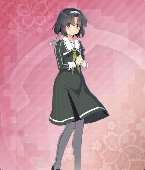 1girl black_hair black_shoes buttons clenched_hands closed_mouth commentary_request dot_nose double-breasted dress feet_out_of_frame floral_background game_cg green_dress green_hairband green_neckerchief grey_eyes grey_pantyhose hairband hands_up heijou_institute_school_uniform highres long_sleeves looking_at_viewer musumi_kiyoka neckerchief official_art pantyhose parted_bangs pink_background pinstripe_dress pinstripe_pattern polka_dot_hairband resized sailor_collar school_uniform shoes short_hair smile solo striped_clothes striped_dress third-party_source toji_no_miko toji_no_miko:_kizamishi_issen_no_tomoshibi upscaled variant_set vertical-striped_clothes vertical-striped_dress white_sailor_collar