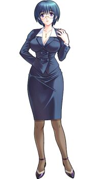 blazer blue_hair breasts cleavage full_body game_cg izawa_ritsuko jacket jewelry kuroda_akimi large_breasts necklace non-web_source official_art pencil_skirt pixie_cut purple_eyes ring semi-rimless_eyewear short_hair skirt teacher thighhighs tsuma_shibori tsumamigui_(series) wedding_ring