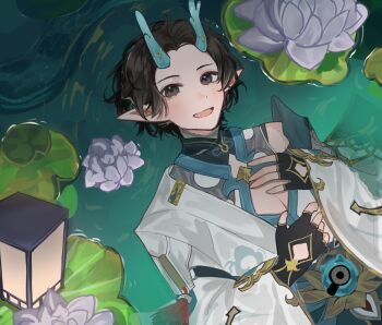 1boy belt black_eyes black_gloves black_hair center_opening chinese_clothes cosplay dan_heng_(honkai:_star_rail) dan_heng_(honkai:_star_rail)_(cosplay) dan_heng_(imbibitor_lunae)_(honkai:_star_rail) dragon_boy dragon_horns fingerless_gloves flower gloves highres honkai:_star_rail honkai_(series) horns jacket kanako_(fuwachu) lantern leaf looking_at_viewer lying male_focus nicholas_leung on_back open_mouth pointy_ears shirt short_hair smile solo voice_actor_connection white_flower white_jacket white_shirt