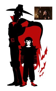 2boys abaddon_(haunted_hotel) abaddon_(human)_(haunted_hotel) boots cape chinese_commentary coat collared_cape commentary_request fangs haunted_hotel high_collar highres hotel_transylvania long_hair looking_at_another male_focus multiple_boys no_lineart priest priest_(haunted_hotel) red_cape red_eyes repeeksdnuorg screenshot_inset simple_bat vampire