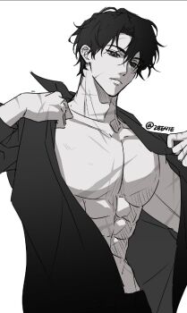 1boy 28ente abs black_hair black_shirt collared_shirt commentary_request cowboy_shot curtained_hair expressionless hair_between_eyes korean_commentary looking_at_viewer male_focus multiple_scars muscular muscular_male omniscient_reader&#039;s_viewpoint partially_open_shirt pectorals scar scar_across_eye scar_on_face scar_on_mouth scars_all_over secretive_plotter shirt short_hair solo too_many yoo_joonghyuk