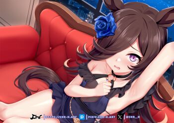 Rule 34 | 1girl, animal ears, arm up, armpits, blue dress, blue flower, blue rose, brown hair, chrisandita, commentary, couch, dress, english commentary, flower, from above, hair flower, hair ornament, hair over one eye, highres, horse ears, horse girl, horse tail, indoors, long hair, night, on couch, open mouth, purple eyes, rice shower (rosy dreams) (umamusume), rice shower (umamusume), rose, solo, tail, umamusume