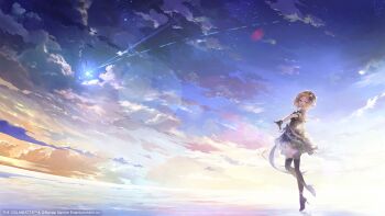 1girl black_gloves cloud floating_hair gloves gradient_sky hat high_heels idol idol_clothes idolmaster idolmaster_shiny_colors idolmaster_shiny_colors_song_for_prism official_art open_mouth outdoors sakuragi_mano shooting_star sky star_(sky) twilight