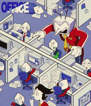 2boys 6+others ant_tenna belt_buckle black_eyes black_pants buckle can chair computer computer_mouse crt crumpled_paper cubicle deltarune from_above gloves green_pippins highres long_nose multiple_boys multiple_others necktie object_head office office_chair on_chair on_floor pants paper_stack pippins_(deltarune) pointy_nose shio_tou shouting sitting sleeping sleeping_bag small_sweatdrop spamton_g._spamton spamton_g._spamton_(big_shot) sweat swivel_chair tailcoat utdr_(toby_fox) white_gloves yellow_necktie