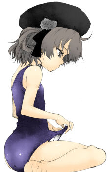 1girl clothes_pull commentary_request flat_chest flower grey_eyes grey_hair hat hatoba_tsugu kuromasa_shisei looking_down old_school_swimsuit one-piece_swimsuit one-piece_swimsuit_pull profile rose school_swimsuit short_hair sitting solo swimsuit tsugu_(vtuber) wariza