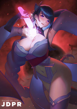 1girl alternate_breast_size_(larger) alternate_costume armpits arms_up artist_name blunt_bangs blurry blurry_background blush braid breasts bridal_gauntlets cleavage detached_sleeves drawing_sword electricity genshin_impact glowing glowing_sword glowing_weapon hair_ornament hair_ribbon head_tilt highleg holding holding_sword holding_weapon huge_breasts human_scabbard japanese_clothes jdpr kimono large_breasts leaning_to_the_side long_braid looking_at_viewer looking_to_the_side mixed-language_commentary mole mole_under_eye moon musou_isshin_(genshin_impact) navel neck_ribbon parted_lips purple_eyes purple_hair purple_kimono purple_thighhighs raiden_shogun red_background red_ribbon red_sky ribbon sex_toy shade short_sleeves single_braid sky solo standing stomach sword sword_between_breasts thigh_focus thighhighs thighs upper_body vibrator weapon wide_sleeves