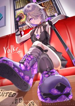1girl absurdres bandaid bandaid_on_cheek bandaid_on_face black_ribbon black_shirt burger closed_mouth crossed_legs detached_wings fingerless_gloves food gloves grey_hair grey_leg_warmers highres holding holding_burger holding_food hololive hololive_english indoors koseki_bijou koseki_bijou_(casual) leg_warmers looking_at_viewer official_alternate_costume official_alternate_hairstyle purple_eyes purple_shoes ribbon shirt shoe_soles shoes sitting smile solo tomato_(sword) virtual_youtuber volke._(tubamenora) wanted_poster wings