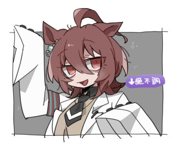 1girl :d agnes_tachyon_(tach-nology)_(umamusume) agnes_tachyon_(umamusume) ahoge animal_ears arm_up arrow_(symbol) beer_hsk black_necktie black_shirt brown_eyes brown_hair brown_sweater collared_shirt cropped_torso gameplay_mechanics grey_background hair_between_eyes horse_ears lab_coat long_sleeves looking_at_viewer mood_(umamusume) multicolored_hair necktie open_clothes open_mouth shirt short_necktie sleeves_past_fingers sleeves_past_wrists smile solo sweater translation_request two-tone_hair umamusume upper_body white_background