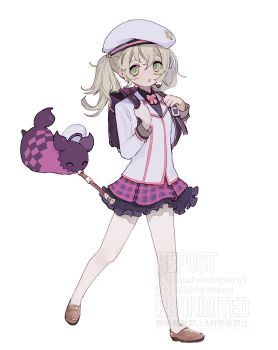 Rule 34 | 1girl, absurdres, alternate costume, backpack, bag, beret, black shirt, blonde hair, bow, bowtie, brown shoes, collared shirt, elize lutus, elize lutus (school uniform), flute, frilled skirt, frills, full body, green eyes, hat, highres, instrument, jacket, loafers, looking at another, nancykittyu, official alternate costume, pink bow, pink bowtie, plaid clothes, plaid skirt, randoseru, recorder, school uniform, shirt, shoes, simple background, skirt, solo, tales of (series), tales of xillia, teepo (tales), twintails, white background, white jacket