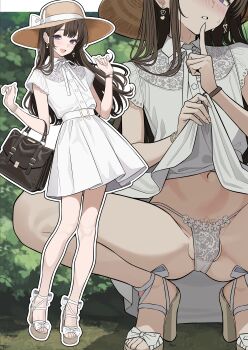 1boy absurdres adam's_apple bag blush brown_eyes brown_hair bulge clothes_lift clothes_pull commentary_request crossdressing crossdressing_(mtf) dress exhibitionism feet flashing full_body handbag hat high_heel_sandals high_heels highres lace lace_panties legs lifting_own_clothes long_hair looking_at_viewer male_focus multiple_views navel open_mouth original panties pubic_hair pubic_hair_peek public_indecency pulling_own_clothes ribbon sandals sidelocks skirt skirt_lift squatting strappy_heels testicle_peek testicles thighs toes trap turisasu underwear white_dress white_ribbon