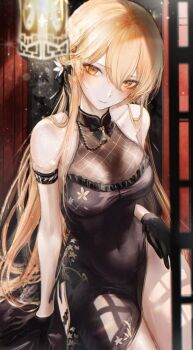 1girl absurdres arm_support armband bare_shoulders black_dress black_gloves blonde_hair breasts china_dress chinese_clothes closed_mouth commentary covered_navel dress floral_print floral_print_dress girls&#039;_frontline girls&#039;_frontline_2:_exilium gloves groza_(girls&#039;_frontline_2) hair_between_eyes highres light_particles long_hair looking_at_viewer official_alternate_costume ots-14_(girls&#039;_frontline) ots-14_(sangria_succulent)_(girls&#039;_frontline) pelvic_curtain print_dress renoahh revision sitting sleeveless sleeveless_dress solo thighs yellow_eyes