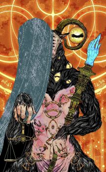 1boy balance_scale black_nails body_piercings cowboy_shot disembodied_eye elden_ring elden_ring_nightreign extra_eyes goat_horns goat_legs highres horizontal_pupils horns lantherodon libra_(elden_ring) mage_staff monster monster_focus orange_background sigil solo staff veil very_big_eyes weighing_scale