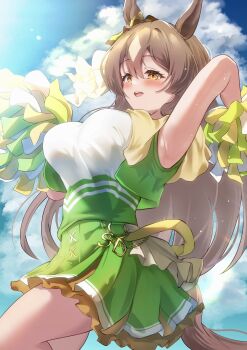 1girl absurdres alternate_costume animal_ears arm_behind_head armpits blue_sky blush breasts brown_eyes brown_hair brown_tail cheerleader cloud cloudy_sky commentary_request day green_skirt hair_between_eyes highres holding holding_pom_poms horse_ears horse_girl horse_tail large_breasts long_hair looking_at_viewer open_mouth p1_fcoyaa pom_pom_(cheerleading) pom_poms satono_diamond_(umamusume) shirt skirt sky solo sweatdrop tail umamusume white_shirt