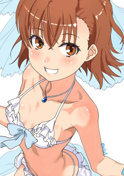 1girl asymmetrical_bangs bikini blush breasts brown_eyes brown_hair collarbone frilled_bikini frills grin halterneck looking_at_viewer misaka_mikoto raika9 short_hair small_breasts smile swimsuit toaru_kagaku_no_railgun toaru_majutsu_no_index upper_body white_background white_bikini