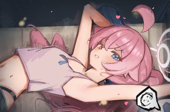 1boy 1girl absurdres ahoge armpits blue_archive blue_eyes commentary crossed_bangs doodle_sensei_(blue_archive) flat_chest hair_between_eyes heterochromia high_(hgih) highres hoshino_(blue_archive) long_hair lying navel on_side parted_lips pink_hair pov sensei_(blue_archive) smile stomach tank_top white_tank_top yellow_eyes