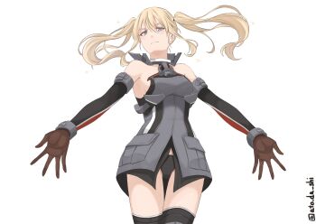 1girl absurdres alternate_hairstyle atodashi bismarck_(kancolle) black_panties blonde_hair breasts brown_gloves commentary_request feet_out_of_frame gloves green_eyes grey_jacket highres jacket kantai_collection long_hair looking_at_viewer medium_breasts panties simple_background solo standing twintails twitter_username underwear white_background
