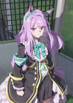 1girl absurdres animal_ears aqua_bow black_jacket black_skirt bow clenched_hand closed_mouth hair_bow highres horse_ears horse_girl jacket long_hair looking_at_viewer mejiro_mcqueen_(frontline_elegance)_(umamusume) mejiro_mcqueen_(umamusume) pleated_skirt purple_eyes purple_hair rain shirt sidelocks skirt solo striped_clothes striped_shirt tuomali umamusume wet white_shirt