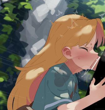 1boy 1girl absurdres aqua_jacket bar_censor blonde_hair blush censored closed_eyes colored_inner_hair commentary_request deepthroat fellatio hetero highres jacket long_hair mizumizuni multicolored_hair open_mouth oral outdoors penis pink_hair ruri_no_houseki short_sleeves solo_focus sweat tanigawa_ruri tears two-tone_hair x-ray