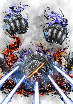 catherine5884 commentary final_fantasy final_fantasy_xiv fire glitch glowing glowing_eye highres incoming_attack laser_cannon monster_hunter_(series) monster_hunter_wilds no_mouth non-humanoid_robot omega_(final_fantasy) one-eyed robot rocket_punch yellow_eyes