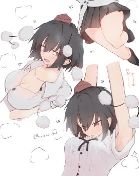 1girl :o absurdres armpits arms_up arrow_(symbol) belt black_belt black_hair black_ribbon black_skirt black_socks blush breasts breath cleavage collarbone commentary_request floating_clothes hair_between_eyes hat heart highres isgod large_breasts looking_at_viewer lower_body multiple_views neck_ribbon open_mouth partially_unbuttoned pleated_skirt pointy_ears pom_pom_(clothes) puffy_short_sleeves puffy_sleeves raised_inner_eyebrows red_eyes red_hat ribbon shameimaru_aya shirt short_hair short_sleeves simple_background skirt smile socks sweatdrop tokin_hat touhou translation_request twitter_username upper_body white_background white_shirt