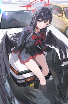 1girl ;) absurdres ahoge black_gloves black_hair black_sailor_collar black_serafuku black_shirt black_shoes black_skirt black_socks black_wings blue_archive blue_hair car commentary feathered_wings gloves grin guitar_case halo highres ichika_(blue_archive) instrument_case kneehighs loafers long_hair looking_at_viewer miniskirt motor_vehicle neckerchief on_car one_eye_closed outdoors pleated_skirt red_halo red_neckerchief sailor_collar school_uniform serafuku shirt shoes sitting skirt smile socks solo toyota toyota_sprinter_trueno uouokuma white_car wings yellow_car