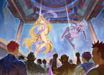 2girls black_thighhighs blonde_hair blue_hair breasts character_request colored_skin copyright_request covered_navel crowd dancing elbow_gloves gloves indoors long_hair multiple_girls navel nightclub pole_dancing purple_skin red_eyes small_breasts stirrup_legwear stomach thighhighs toeless_legwear twintails very_long_hair yugen99