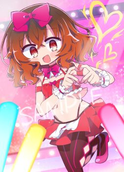 1girl :d @_@ absurdres bare_shoulders blush bow bowtie brown_hair brown_pantyhose character_request commentary_request commission copyright_request cowboy_shot crop_top cropped_shirt crossed_bangs double-parted_bangs fang four-finger_heart_hands frilled_wrist_cuffs frills glowstick hair_between_eyes hair_bow heart heart_hands highres idol leg_up looking_at_viewer medium_hair miniskirt nail_polish navel open_mouth pantyhose pink_bow pink_bowtie pink_nails pink_shoes pleated_skirt red_eyes red_shirt red_skirt richard_(richaball) sample_watermark shirt shoes skeb_commission skirt smile solo standing standing_on_one_leg watermark wrist_cuffs