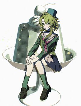 Rule 34 | 1girl, absurdres, black shoes, black skirt, bowl, bucket, bucket on head, cherry, chinese commentary, commentary request, curtained hair, dessert, food, fruit, full body, green eyes, green hair, green shirt, green socks, halftone, highres, kimi ga shine, kizuchi kanna, kuailemaoamaomao^o^, loafers, long sleeves, looking at viewer, miniskirt, neckerchief, object on head, parted bangs, parted lips, pink neckerchief, pleated skirt, pudding, sailor collar, school uniform, serafuku, shirt, shoes, short hair with long locks, simple background, sitting, skirt, socks, solo, sparkle, star (symbol), whipped cream, white background, white sailor collar