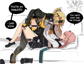 3girls absurdres ammunition_pouch between_legs black_boots black_gloves black_nails black_pants black_shrug black_socks blindfold_mask blonde_hair blush boots camouflage camouflage_jacket camouflage_pants closed_mouth commentary couch covered_eyes earrings english_commentary fingerless_gloves frilled_sleeves frills girl_on_top glasses gloves glowing_mask hair_ornament hand_on_another&#039;s_leg hand_on_another&#039;s_thigh hands_on_another&#039;s_neck high-waist_skirt highres hourglass_earrings id_card jacket jewelry latex_pants long_hair looking_at_another lying mask multiple_girls navel on_back on_couch pants pencil_skirt pillow pink_hair ponytail pouch ring_hair_ornament shirt shrug_(clothing) simple_background skirt smile socks soukaku_(zenless_zone_zero) speech_bubble stomach sweat sweatdrop tight_clothes tight_pants triangle_hair_ornament trigger_(zenless_zone_zero) tsukishiro_yanagi unworn_clothes white_background white_shirt yuri zanqi zenless_zone_zero zipper_pull_tab