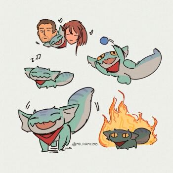 1boy 1girl animal ball bandana bandana_around_neck beamed_eighth_notes brown_hair chibi closed_eyes closed_mouth commentary courier_(fallout:_new_vegas) craig_boone eighth_note english_commentary fallout fallout:_new_vegas fire gecko grey_background heart jalapeno_(milramemo) milramemo musical_note noelle_rutherford simple_background twitter_username