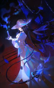 Rule 34 | 1girl, absurdres, black flower, black hair, black horns, blue fire, candle, constance (honkai: star rail), dress, elodeas, fire, flower, hat, highres, holding, holding candle, honkai: star rail, honkai (series), horns, long hair, multicolored eyes, multicolored hair, two-tone hair, very long hair, white dress, white hat