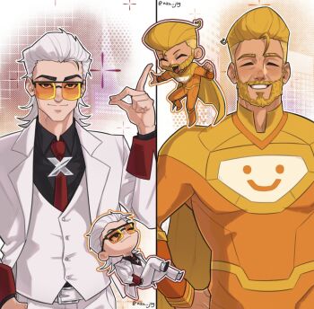 2boys aza_jpg beard black_eyes black_outline black_shirt blonde_hair buzz_cut cape chibi chibi_inset coat collared_shirt facial_hair full_body grid_background grin hair_slicked_back hand_in_pocket hands_on_own_hips highres looking_at_another looking_at_viewer male_focus mullet multiple_boys muscular muscular_male necktie outline red_necktie shirt short_hair smile smile_(to_be_hero_x) smirk snapping_fingers split_screen tinted_eyewear to_be_hero to_be_hero_x very_short_hair vest white_coat white_hair white_outline white_vest x_(symbol) x_(to_be_hero_x) yellow-tinted_eyewear yellow_cape