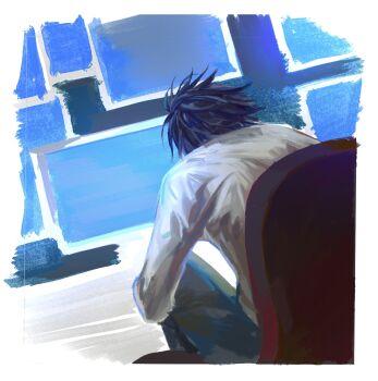 1boy black_hair border chair death_note denim facing_away feet_out_of_frame highres hugging_own_legs jeans kinbakuoujii l_(death_note) long_sleeves male_focus monitor multiple_monitors pants shirt short_hair sitting solo spiked_hair surveillance swivel_chair white_border white_shirt