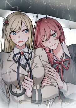 Rule 34 | 2girls, arm hug, bak pep, black ribbon, blazer, blonde hair, blue eyes, breasts, buttons, clothes around waist, collarbone, collared shirt, commentary request, commission, dot nose, flower, green eyes, grey jacket, grey vest, hair between eyes, hair flower, hair ornament, hair over shoulder, hands on another's arm, head on another's shoulder, holding, holding umbrella, jacket, korean commentary, leaning on person, long hair, long sleeves, looking at viewer, looking to the side, medium breasts, multiple girls, neck ribbon, one eye closed, open mouth, parted bangs, pink hair, rain, rectangular mouth, red flower, red ribbon, red rose, ribbon, rose, school uniform, second-party source, shirt, shoujo kageki revue starlight, shoujo kageki revue starlight -re live-, sideways glance, simple background, smile, striped clothes, striped shirt, sweatdrop, sweater vest, tsuruhime yachiyo, umbrella, upper body, v-shaped eyebrows, vertical-striped clothes, vertical-striped shirt, vest, white background, white shirt, wing hair ornament, x hair ornament, yumeoji fumi