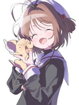Rule 34 | 1girl, beret, cardcaptor sakura, cheek-to-cheek, chestnut mouth, close-up, dot nose, hat, heads together, highres, holding, kasabo0, kero (cardcaptor sakura), kinomoto sakura, light blush, light brown hair, long sleeves, nervous sweating, open mouth, polar opposites, raised eyebrows, school uniform, serafuku, sidelighting, simple background, sweat, tomoeda middle school uniform, two-handed, upper body, white background